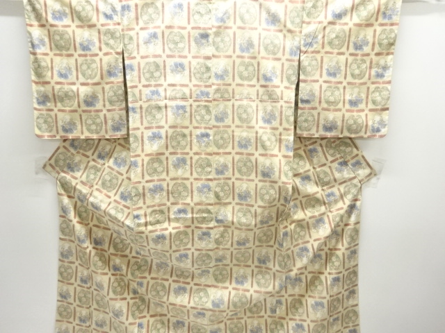 JAPANESE KIMONO / UNUSED TOKAMACHI TSUMUGI / WOVEN GRID & FLOWER